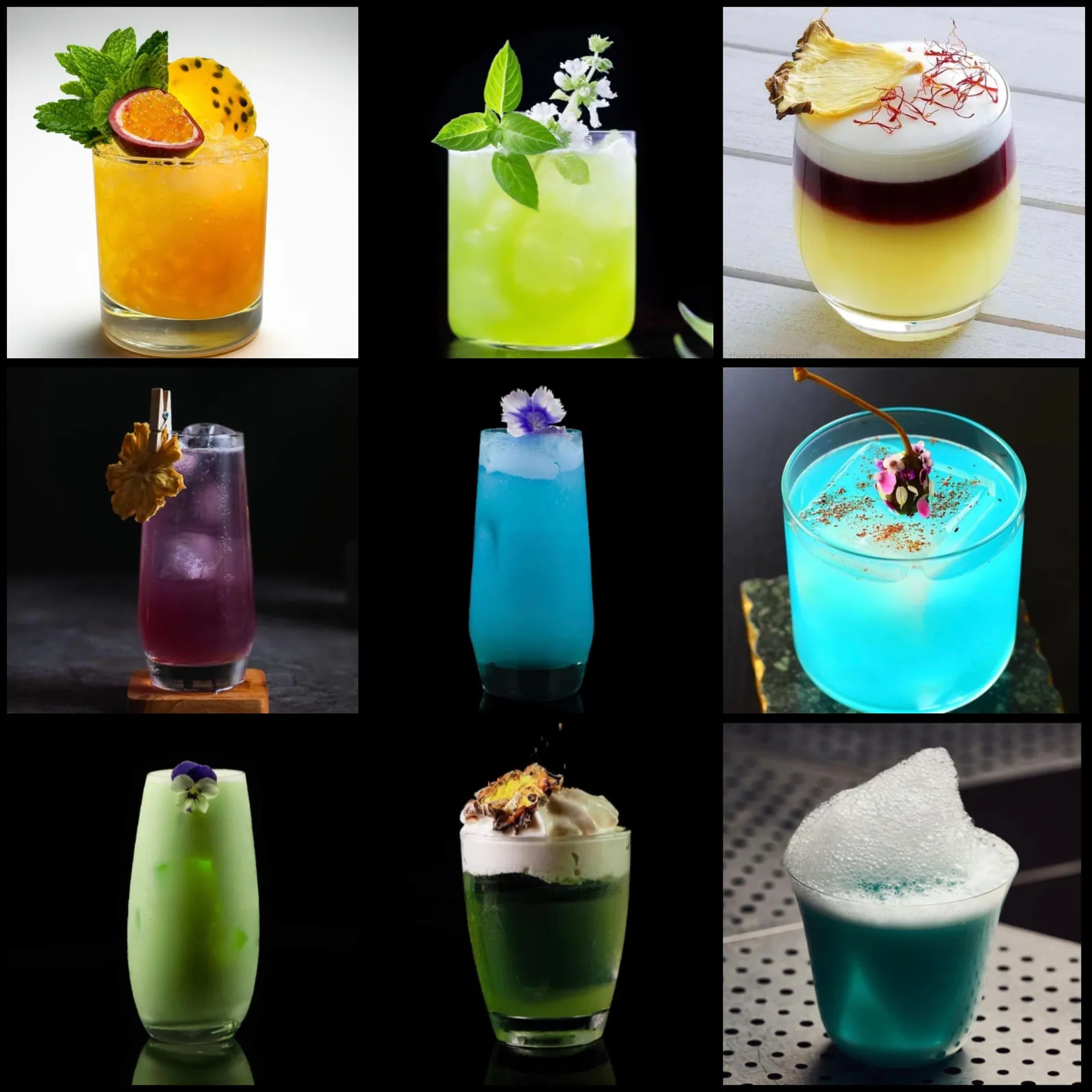 Grid of colourful alcohol-free mocktails at the Barstylez halal bar